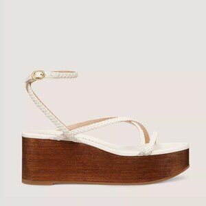 495$ Stuart Weitzman Wovette Woven Leather Wood Wedge Sandals Size 8 US Ivory